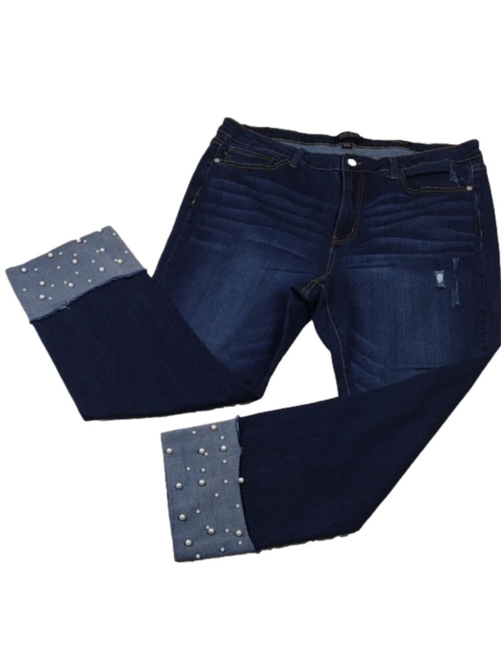 Judy Blue Five Pocket High Rise Dark Wash Embellish Cuff Straight Fit Ankle Jean